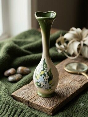 Vintage Small Pottery Lily Of The Valley Bud Vase Handmade In Red Deer